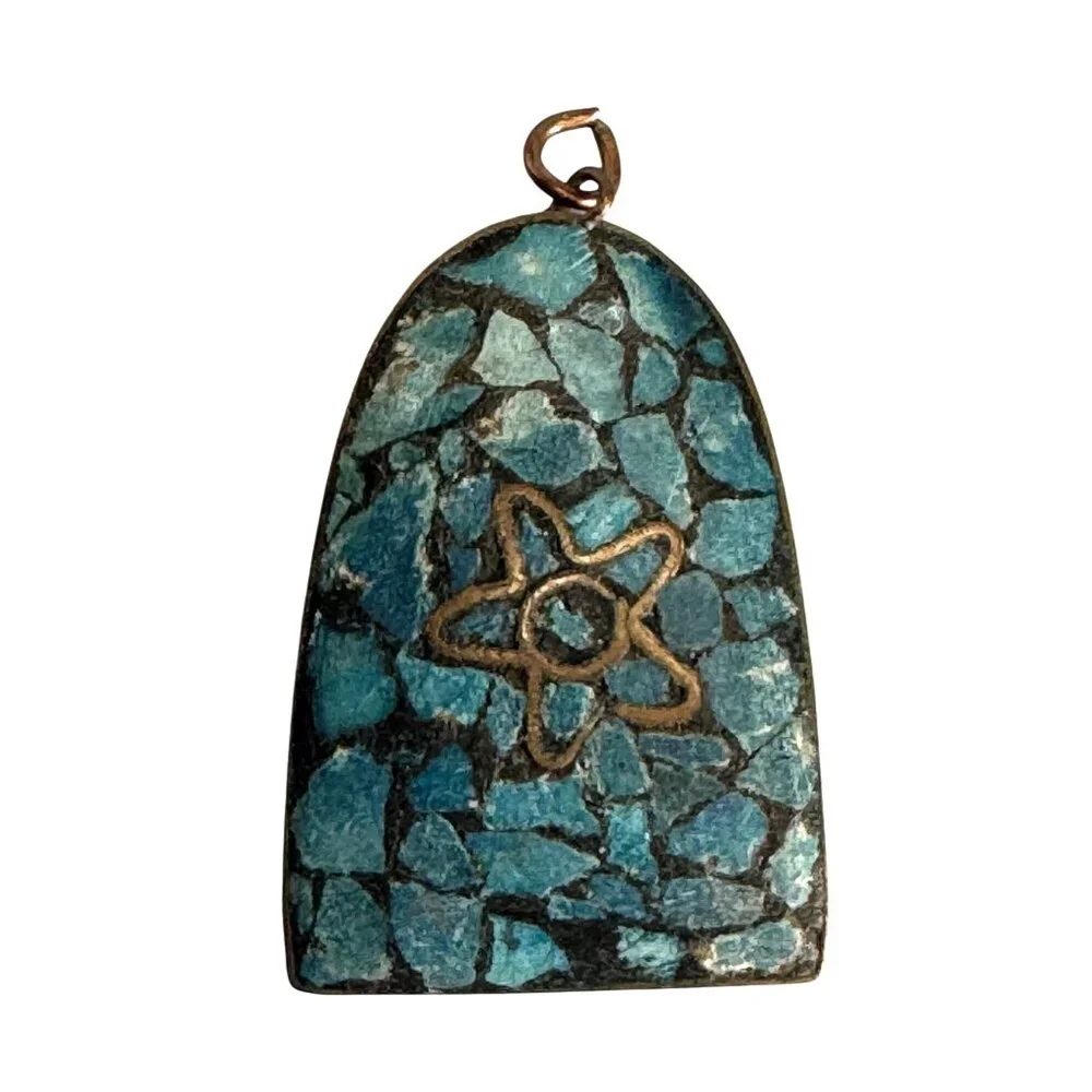 Vintage Turquoise Micro Mosaic Brass Pendant With Star Design 2" Made In India - Picture 2 of 5